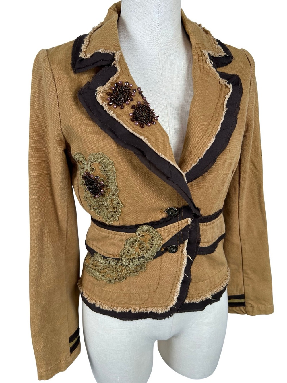 Rhapsody Y2K Beaded Lace Applique Canvas Jacket Boho Small Cotton - Picture 5 of 14